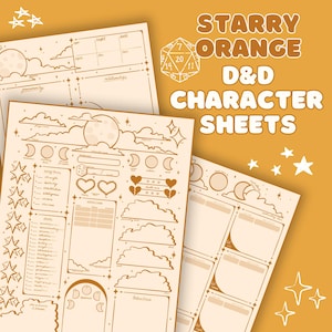 May include: Tan D&D character sheets with a starry orange theme. The sheets feature moon and cloud illustrations, with text that reads "Starry Orange D&D Character Sheets." The design includes space for character details, dice rolls, and relationships.