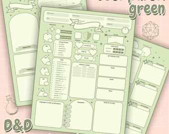 Pastel Green DnD 5e Character Sheet: Minimalist Dungeons and Dragons (PDF Printable and Fillable)