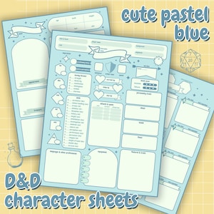 Peut inclure: Feuilles de personnage D&D bleu clair avec une esthétique pastel. Les feuilles comportent diverses sections pour les détails du personnage, y compris l'apparence, les compétences et les traits. Le texte "cute pastel blue" et "D&D character sheets" sont visibles.