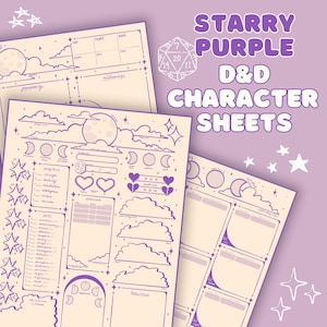 以下が含まれることがあります： スターリーパープルD&Dキャラクターシート。シートは、月、星、雲を使った天体のデザインが特徴です。「Starry Purple D&D Character Sheets」というテキストが、気まぐれなフォントで表示されています。シートはロールプレイングゲーム用に設計されています。