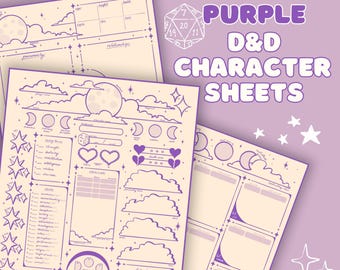 May include: Starry Purple D&D Character Sheets. The sheets feature a celestial design with moons, stars, and clouds. The text "Starry Purple D&D Character Sheets" is displayed in a whimsical font. The sheets are designed for role-playing games.