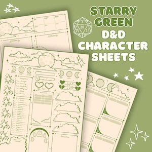May include: Starry green D&D character sheets with celestial illustrations. The sheets feature moon and cloud designs, with space for character details. The text "Starry Green D&D Character Sheets" is displayed in a whimsical font. The sheets are arranged on a green background.