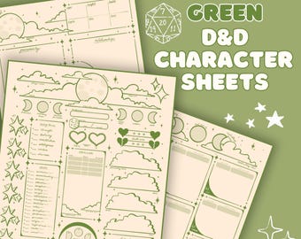 Puede incluir: Hojas de personaje de D&D verde estrellado con ilustraciones celestiales. Las hojas presentan diseños de luna y nubes, con espacio para detalles del personaje. El texto "Starry Green D&D Character Sheets" se muestra en una fuente caprichosa. Las hojas están dispuestas sobre un fondo verde.