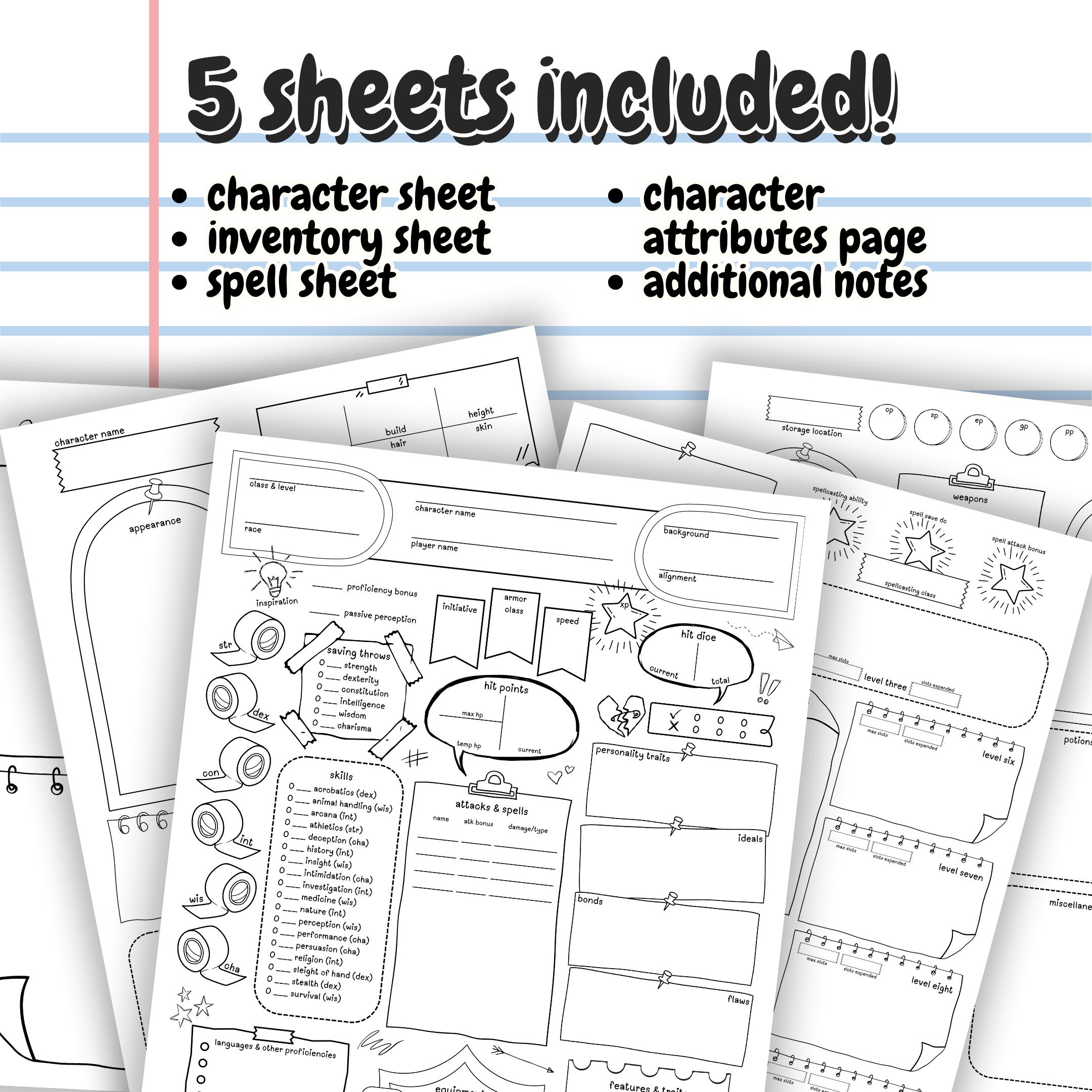 Doodle Dnd 5e Character Sheet | Black and White, Sketchy (PDF Printable ...