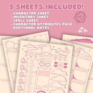 May include: A stack of five pink and cream-colored sheets with illustrations and text for role-playing games. The text includes "Character Sheet," "Inventory Sheet," and "Spell Sheet." A D20 die and stars are also visible.