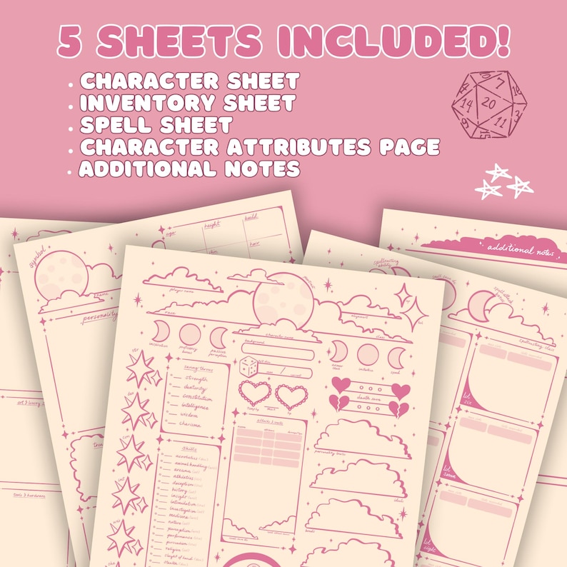 May include: A stack of five pink and cream-colored sheets with illustrations and text for role-playing games. The text includes "Character Sheet," "Inventory Sheet," and "Spell Sheet." A D20 die and stars are also visible.