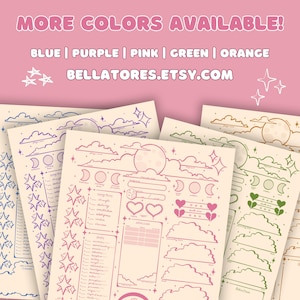 May include: A collection of illustrated sheets with celestial and cloud designs in blue, purple, pink, green, and orange. The text "MORE COLORS AVAILABLE!" and "BELLATORES.ETSY.COM" are displayed at the top. The sheets feature moons, stars, and other decorative elements.