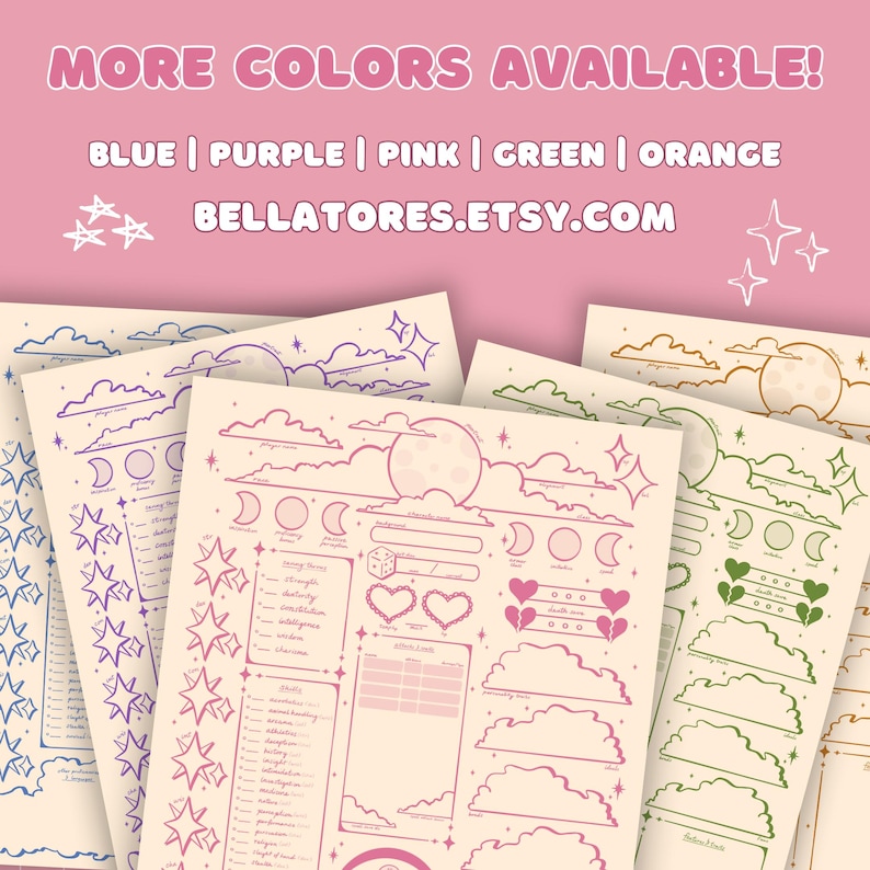 May include: A collection of illustrated sheets with celestial and cloud designs in blue, purple, pink, green, and orange. The text "MORE COLORS AVAILABLE!" and "BELLATORES.ETSY.COM" are displayed at the top. The sheets feature moons, stars, and other decorative elements.