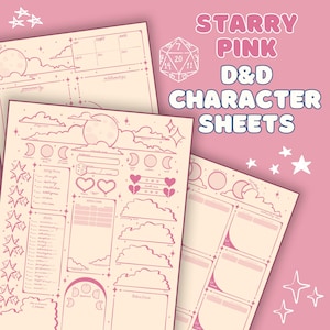 Könnte beinhalten: Rosa D&D-Charakterbögen mit Sternennacht-Thema. Die Bögen zeigen Mond- und Wolkenillustrationen sowie Bereiche für Charakterdetails. Der Text "Starry Pink D&D Character Sheets" wird in einer dekorativen Schriftart angezeigt.