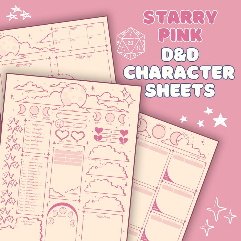 May include: Pink D&D character sheets with a starry night theme. The sheets feature moon and cloud illustrations, along with spaces for character details. The text "Starry Pink D&D Character Sheets" is displayed in a decorative font.