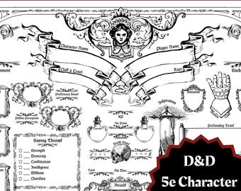 May include: Black and white D&D 5e character sheet set with a gothic medieval fantasy theme. The design includes ornate scrollwork, banners for character details, and a skull graphic. The text includes "Character Name", "Class & Level", and "Attack".