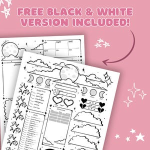 May include: Two black and white character sheets with a pink background. The sheets feature a moon, stars, clouds, and text. The text reads "FREE BLACK & WHITE VERSION INCLUDED!"
