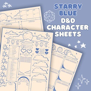 以下が含まれることがあります： クリーム色のD&Dキャラクターシート。青い月、雲、星のイラストが描かれています。「Starry Blue D&D Character Sheets」の文字が青色で表示されています。ロールプレイングゲーム用に設計されたシートです。