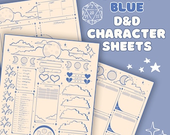 Puede incluir: Hojas de personaje de D&D color crema con ilustraciones azules de lunas, nubes y estrellas. El texto "Starry Blue D&D Character Sheets" se muestra en azul. Las hojas están diseñadas para juegos de rol.