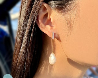Tear Drop Pearl Earrings, Freshwater Pearl push dangle earrings, Simple, Handmade, Petit, Wedding, Gift for Her