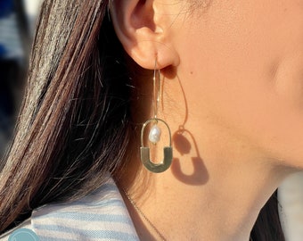 Big Hook Earrings, Freshwater Pearl push dangle earrings, Petit, modern vintage, Gift for Her