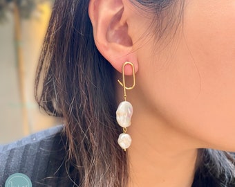 Contemporary Pearl Earrings, Freshwater Pearl push dangle earrings, Handmade, Simple, Modern, Gift for Her