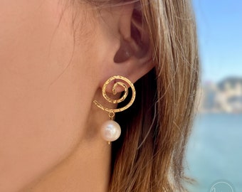 Pearl Earrings - Swirl Style, Freshwater Pearl push dangle earrings, Simple, Gift for Her