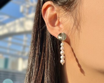 Pearl Earrings, Unbalance, Freshwater Pearl push dangle earrings, Fossil, Petit, Daily Earrings, Gift for Her