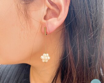 Hydrangea Earrings, Freshwater Pearl push dangle earrings, Handmade, Simple, Wedding, Petit, Garden Vibe, Gift for Her