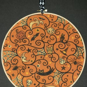 Halloween Wall Hanging  - Johanna Parker Design Halloween Fabric Hoop - Carnival Cottage Fabric Hoop - Black Cat Moon Owl Ghost Spider Bat