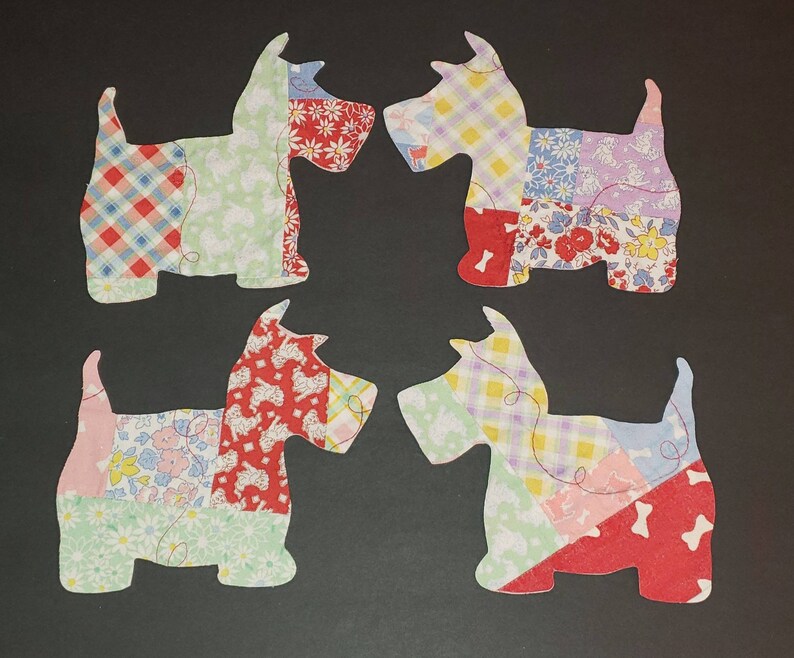 Dog Appliques Scotty Dog Fabric Set of 4 Cutter Quilt Pieces Cutter Quilt Dogs Scotty Dog Die-cuts From Dog Fabrics Quilt