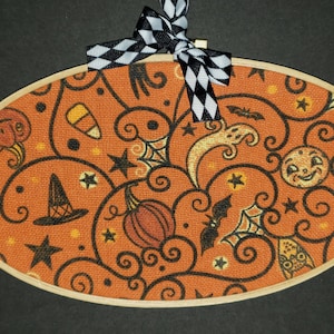 Halloween Wall Hanging  - Johanna Parker Design Halloween Fabric Hoop - Carnival Cottage Fabric Hoop - Black Cat Moon Owl Ghost Spider Bat