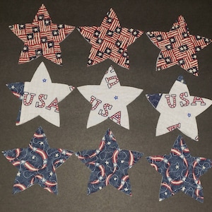 Star Die-cuts From USA Themed Handmade Quilts - Cutter Quilt Stars - Set of 9 - Patriotic Star Appliques From Red White And Blue Quilt