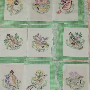 Set of 7 Vintage Look Embroidered Quilt Squares, Playful Animals, 9 Inch  Squares / Woodland Fabric Bundle LOT C, Deer, Raccoon, Fox, Bear 