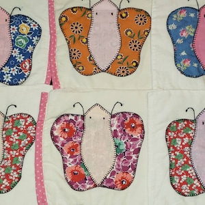 Handmade Quilt Piece - Vintage Quilt Piece - Vintage Appliqued Butterfly Quilt Block - Appliqued Butterfly Quilt Piece - Feedsack Quilt