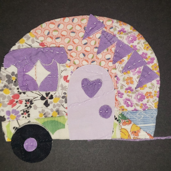 Camper Die-Cuts From Vintage Handmade Quilts - Cutter Quilt Camper - Cutter Quilt Piece - Vintage Quilt Happy Camper - Camper Appliques