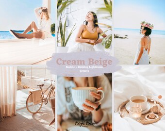 May include: A collage of images featuring a woman in a yellow tank top and white skirt, a woman in a white dress, a bicycle, a cup of coffee, and a cup of tea. The text "Cream Beige" and "Mobile + Desktop Lightroom presets" is displayed on a pink and white background.