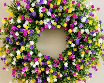 Cottage Wreath, Spring Floral Wreath, Colorful Spring Summer Boxwood Wreath Front Door, English French Country Wreath, Mother's Day Gift