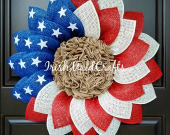 Patriotic American Flag Poly Burlap Sunflower Flower Wreath, 4th July, Fourth of July, July 4th, Veterans Day, Americana Rustic USA Decor