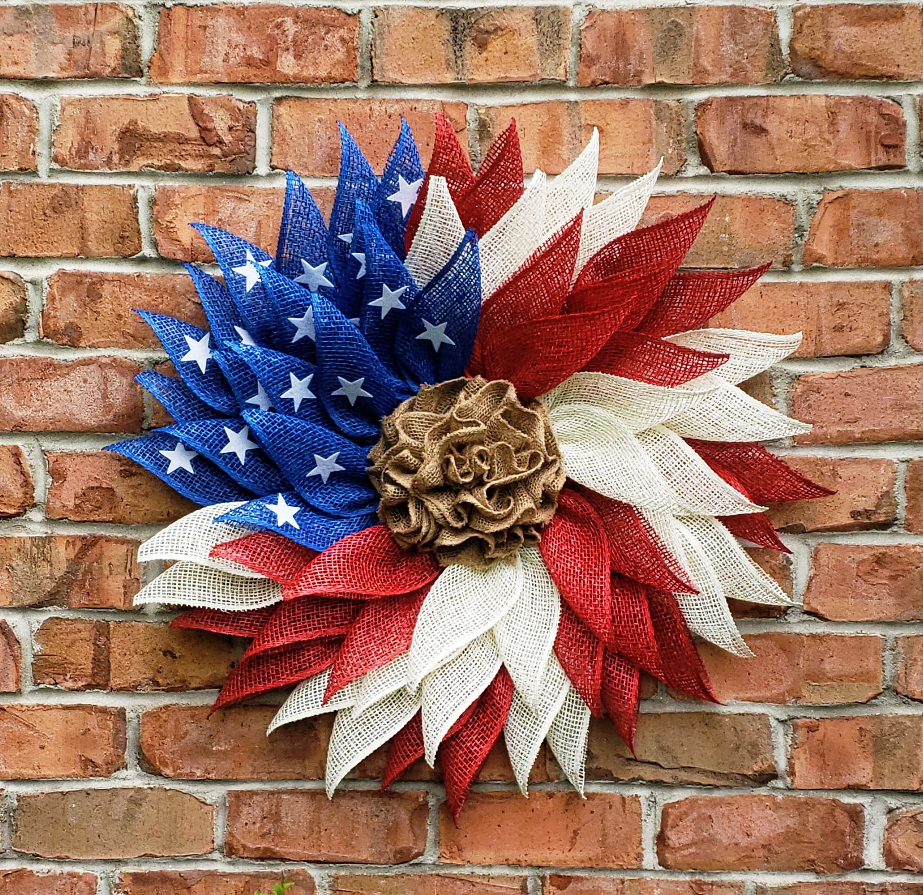 Patriotic Flag Americana Poly Burlap Flower Wreath, Memorial Day Wreath ...