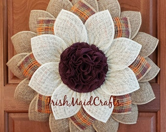 Large natural, orange, burgundy, moss and cream poly burlap and burlap flower wreath door decor, sunflower wreath.