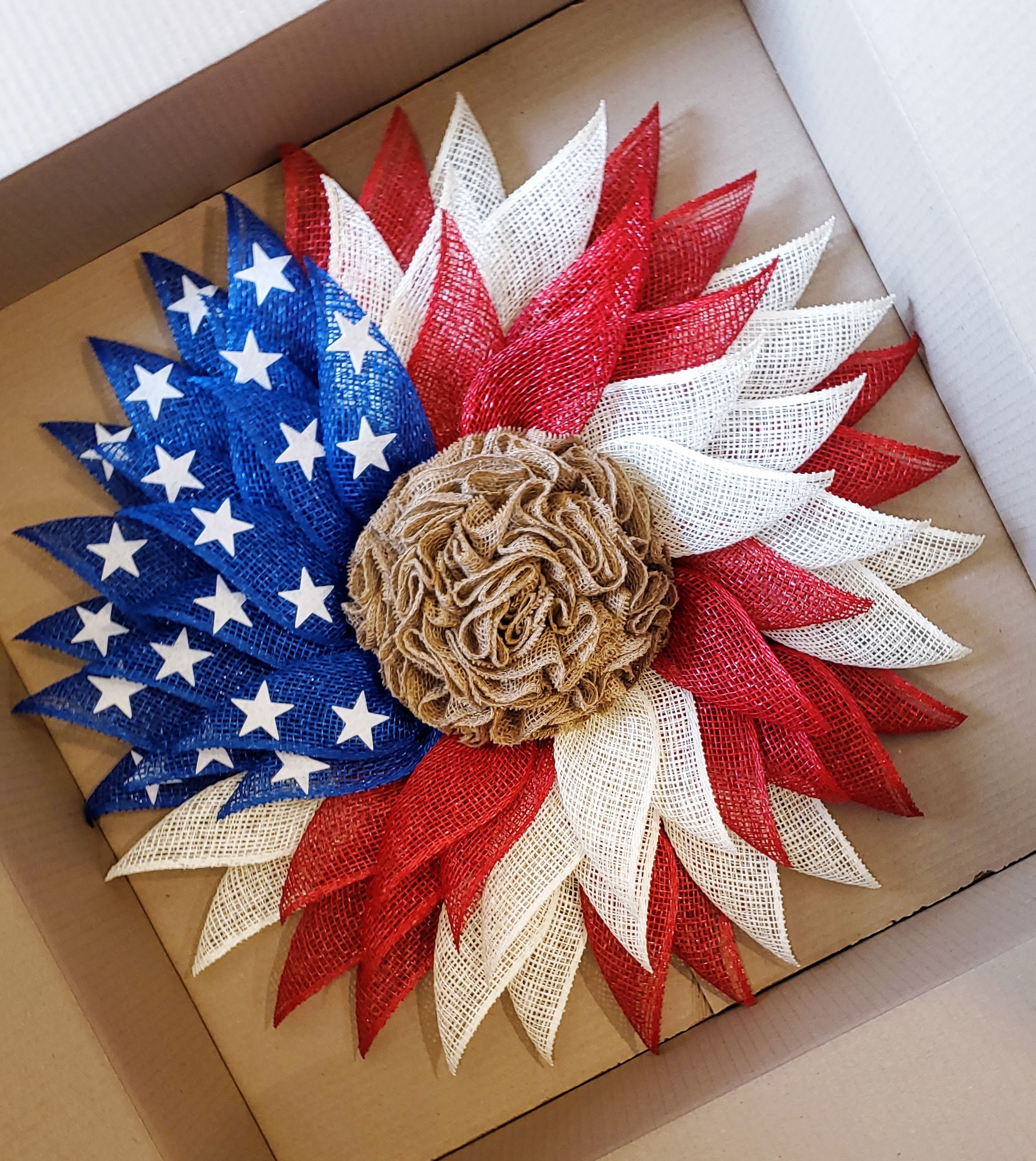 Patriotic Flag Americana Poly Burlap Flower Wreath, Memorial Day Wreath ...