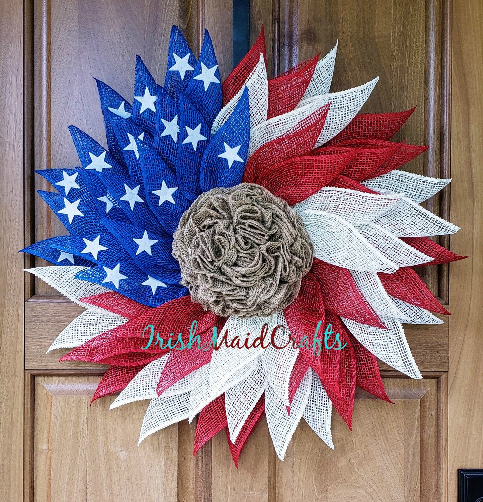 Patriotic Flag Americana Poly Burlap Flower Wreath, Memorial Day Wreath ...