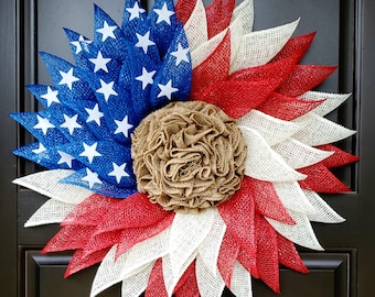 Patriotic Flag Americana Poly Burlap Flower Wreath, Memorial Day Wreath, 4th July Wreath, Fourth of July Wreath, July 4th, Veterans Day