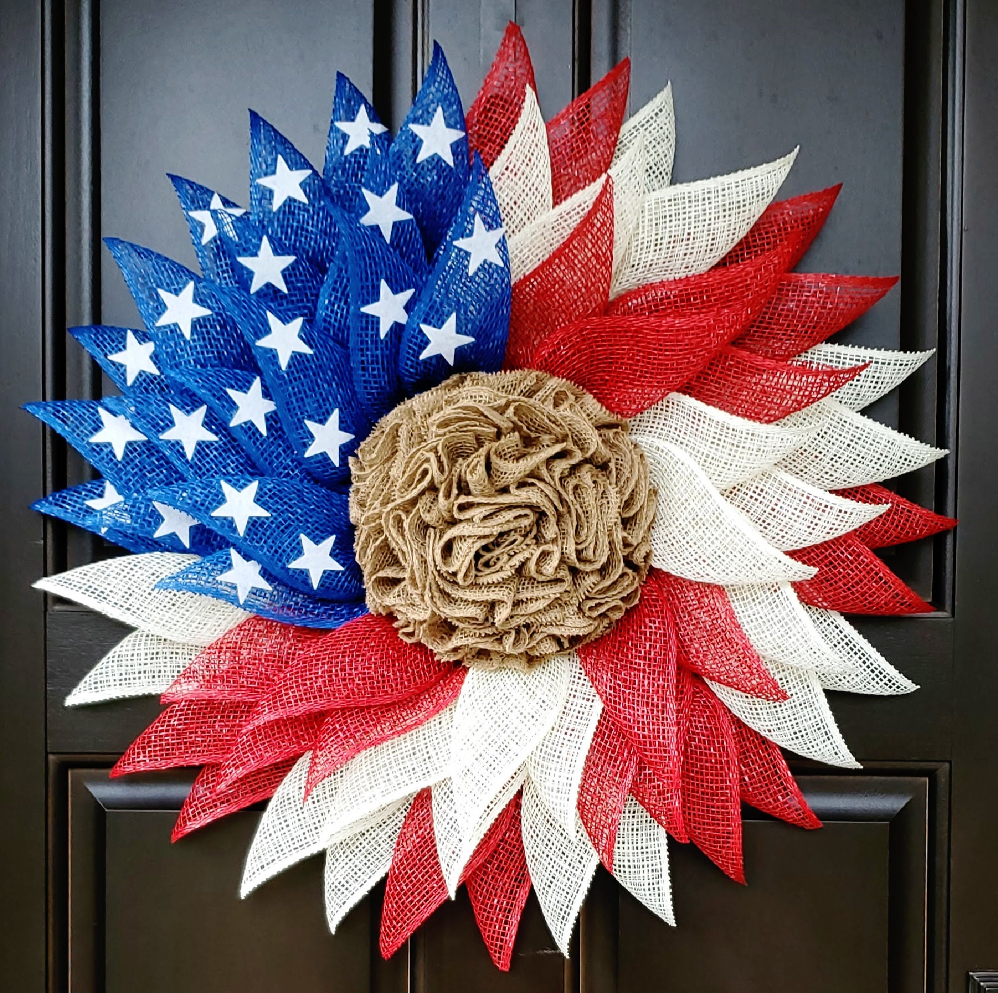 Patriotic Flag Americana Poly Burlap Flower Wreath, Memorial Day Wreath ...