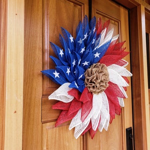 Patriotic Flag Americana Poly Burlap Flower Wreath, Memorial Day Wreath ...