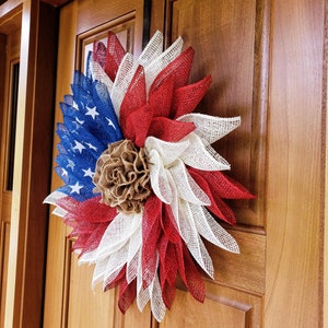 Patriotic Flag Americana Poly Burlap Flower Wreath, Memorial Day Wreath ...