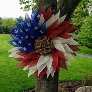 Patriotic Flag Americana Poly Burlap Flower Wreath, Memorial Day Wreath ...