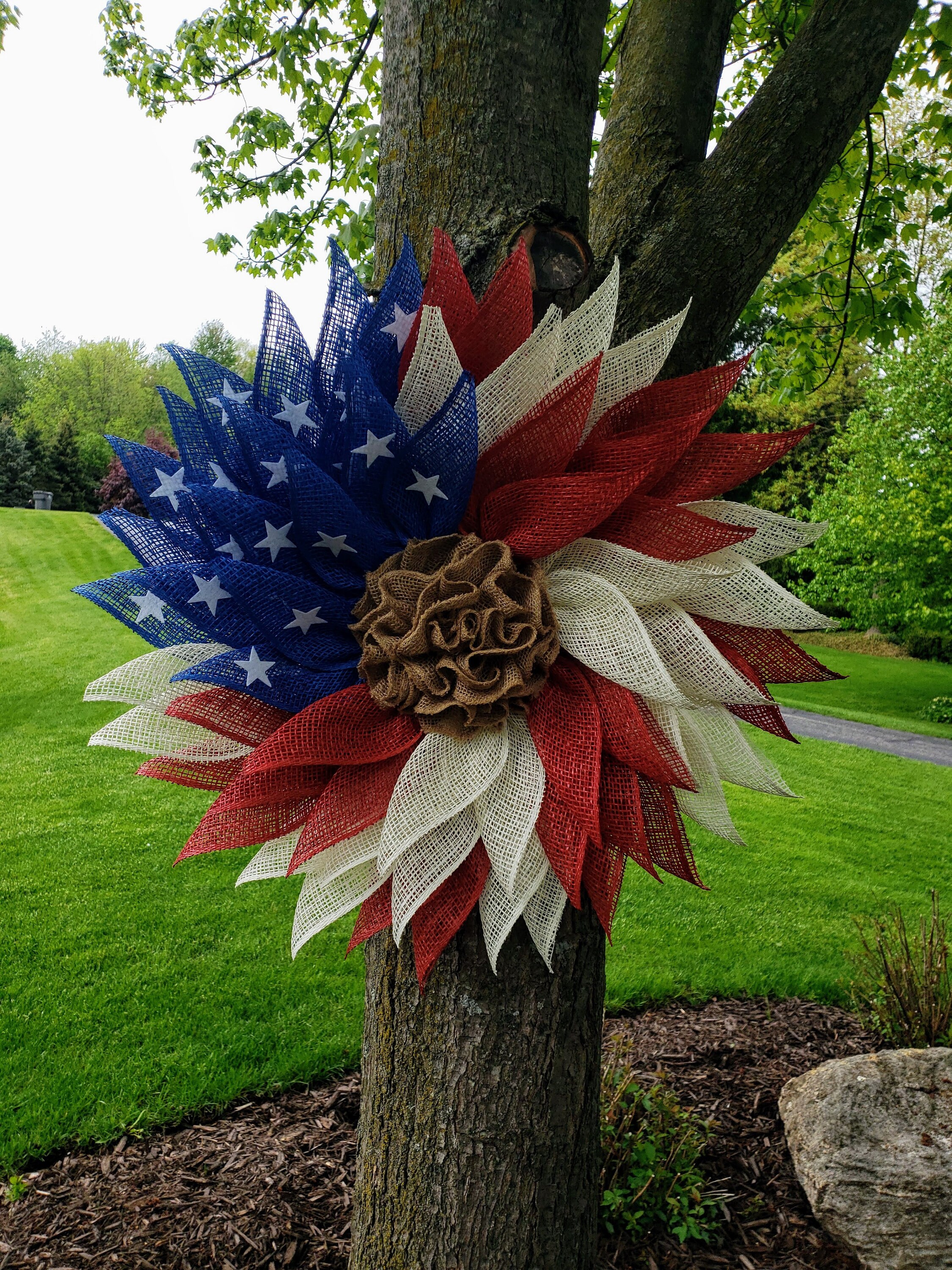 Patriotic Flag Americana Poly Burlap Flower Wreath, Memorial Day Wreath ...