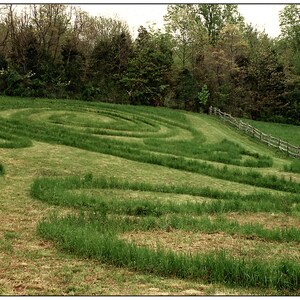 May include: A grassy field with a series of concentric circles cut into the lawn. A wooden fence runs along the edge of the field.