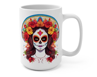 Caneca de café do Dia dos Mortos 15oz, xícara de decoração de cozinha Día de Muertos, presente de Halloween, xícara de chá de caveira de açúcar, utensílios para bebidas da tradição mexicana