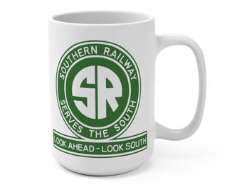 Taza de café de ferrocarril vintage de Southern Railway de 15 oz, regalo único para amantes de los trenes, taza clásica para entusiastas de los ferrocarriles, locomotora retro