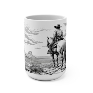 Southwest Cowboy 15oz Coffee Mug - Western Rancher Cup, Rodeo Cowpoke Tea Cup, Desert Wild West Kitchen Gift, Texas Ranch Home Decor,