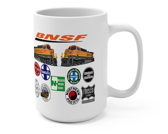 BNSF Classic Logos Coffee Mug 15oz - Railway Enthusiast Gift, Train Collector Cup, Railroad Fan Present, Vintage Train Logo Drinkware,