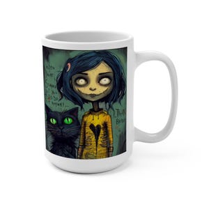 Coraline Halloween Black Cat Coffee Mug 15oz, Halloween Mug, Black Cat Mug, Halloween Decor, Halloween Gift, Fall Mug, Spooky Mug image 1